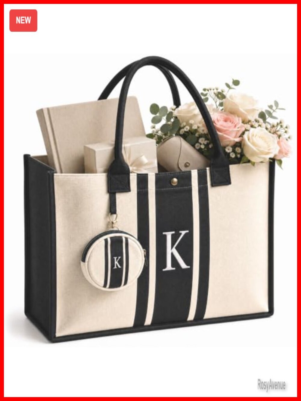Monogrammed Initial K Canvas Tote Bag with Zip Pouch